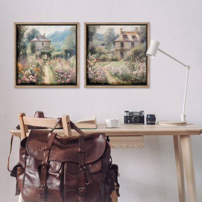 Quaint French Country Garden 2 PC Brown Framed Floater Canvas Set by RileyB