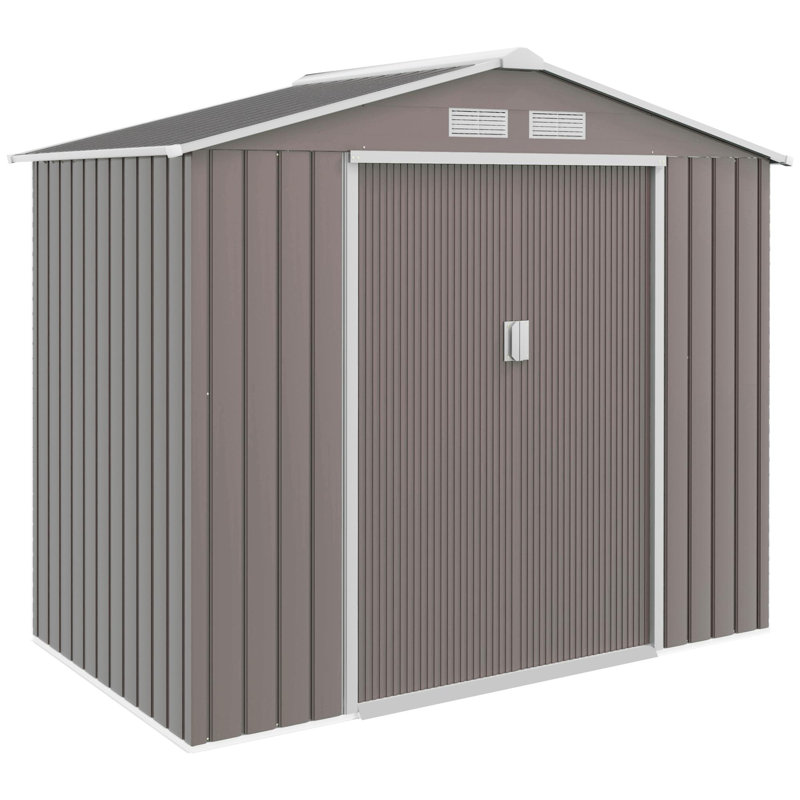 Remise de rangement extérieure en métal l 7 pi x P 4,3 pi avec porte double verrouillable (27 pieds carrés), Gris