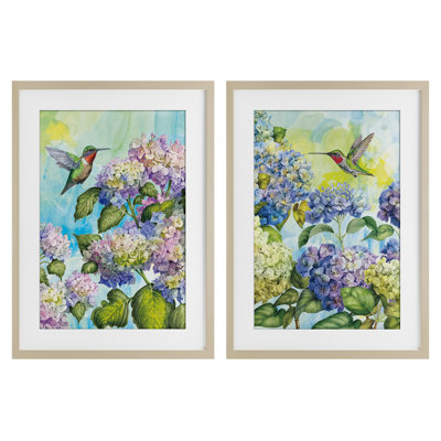 Hummingbirds and Hydrangeas 2pc Framed Print Under Glass Set, design by Tim Coffey
