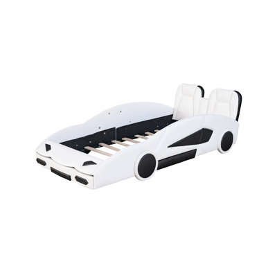 Lit simple blanc avec construction en forme de voiture de course et roues mobiles - Lit de voiture fonctionnel
