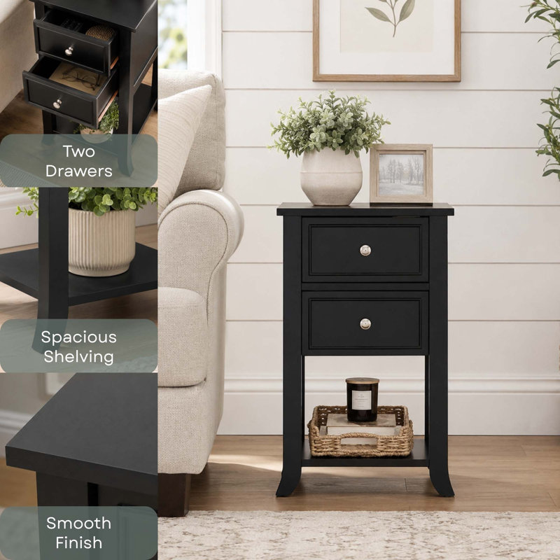 Manhattan 2 Drawer End Table with Shelf, Black