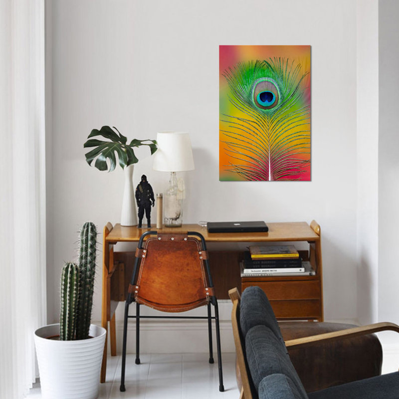 « single masculin peacock tail plumes », impression sur toile, H 12 po x l 8 po x P 0,75 po, Toile tendue, Pas de tapis