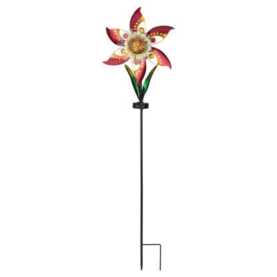 Kynsleigh 38" Metal and Acrylic Blossom Solar Powered Garden Spinner Stake with Integrated LED Light and Automatic Sensor - Orange