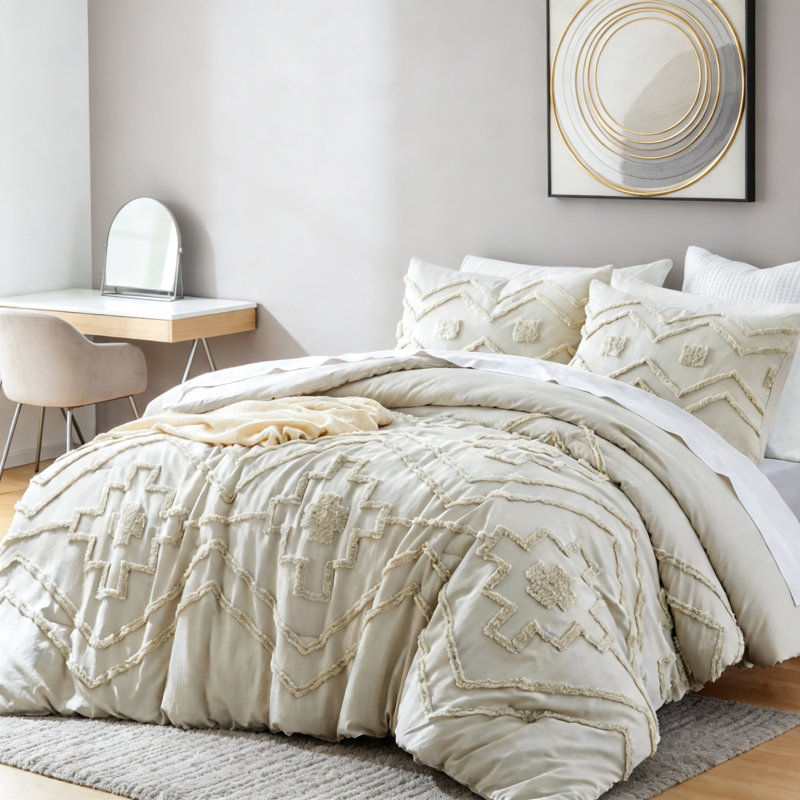 Ensemble de couette 3 pièces beige style bohème tufté pour lit king size, King Comforter + 2 Pillowcases
