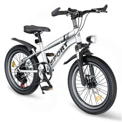 24 Inch  Mountain Bike for Boys & Girls Ages 7-12 – 7-Speed Gears, Dual Disc Brakes, Shock Absorber Front Fork, LED Light – Silver & Pink
