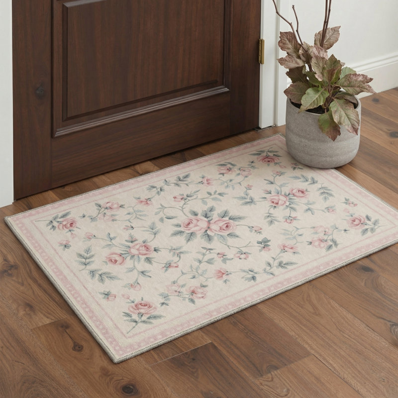 Tapis d'intérieur rose / vert / beige lavable à la machine Roselyn avec envers antidérapant, Rectangle 5 pi x 7 pi
