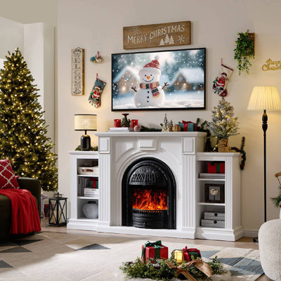 76''W Electric Fireplace Mantel, Wooden Surround Firebox Freestanding for TVs up to 90"