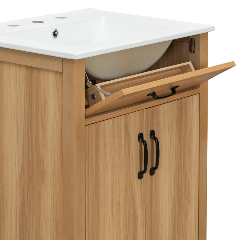 Single Bathroom Vanity with Ceramic Top, Solid Wood Frame, Flip Drawer, and 2 Soft-Close Door, 24"