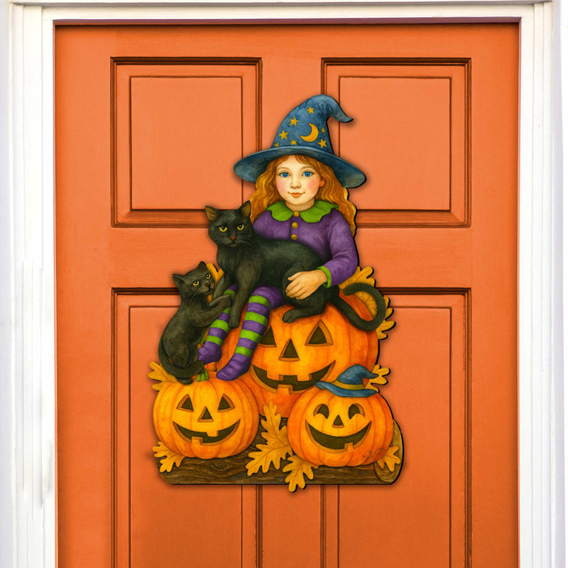 Porte-sorcière d'Halloween avec chats noirs