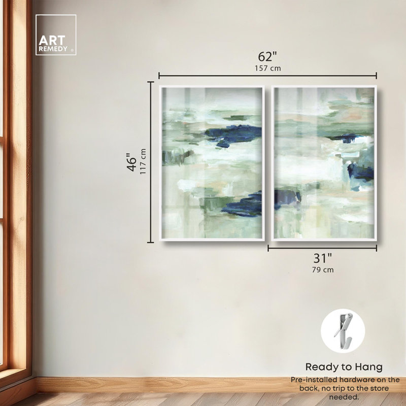 Ensemble artistique « Misty Sea Duo Shadowbox » de Art Remedy, dans des tons de bleu et de sauge, cadre noir, 10 x 15
