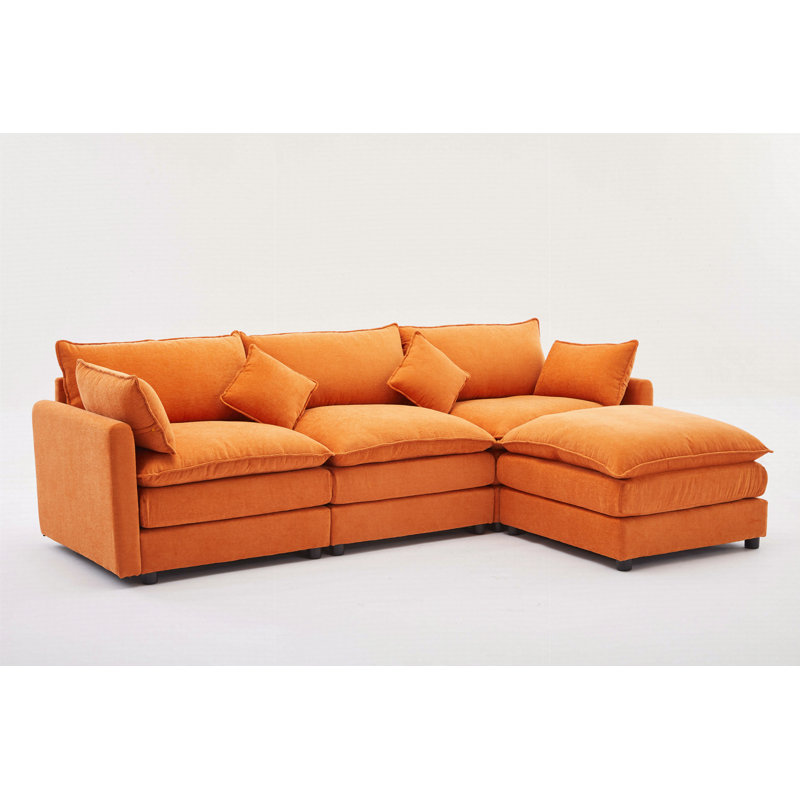 Modular Sectional Sofa, 3-Seater Sofa With Ottoman, Modern L-Shaped Sofa, Orange
