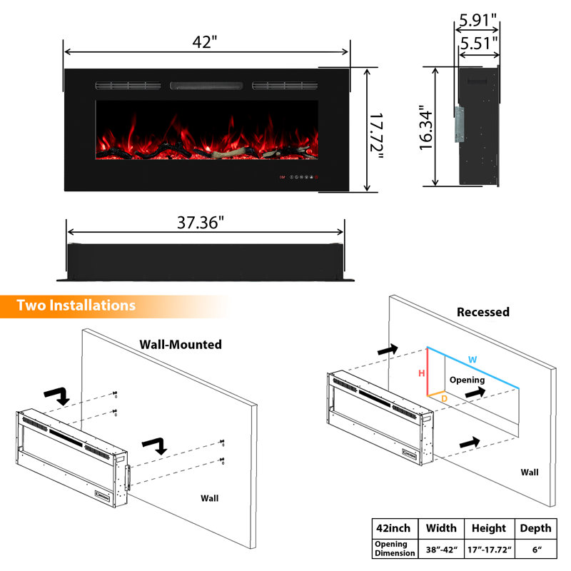 Gidney Black Electric Fireplace, 17.72" H x  42" W x 5.91" D