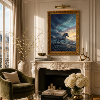 Toile grise qui court sur une falaise avec des particules brillantes, art mural