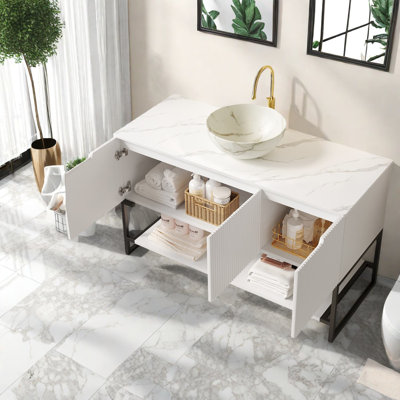 Armoire de salle de bain moderne autoportante avec lavabo, rangement spacieux en MDF et en pierre frittée