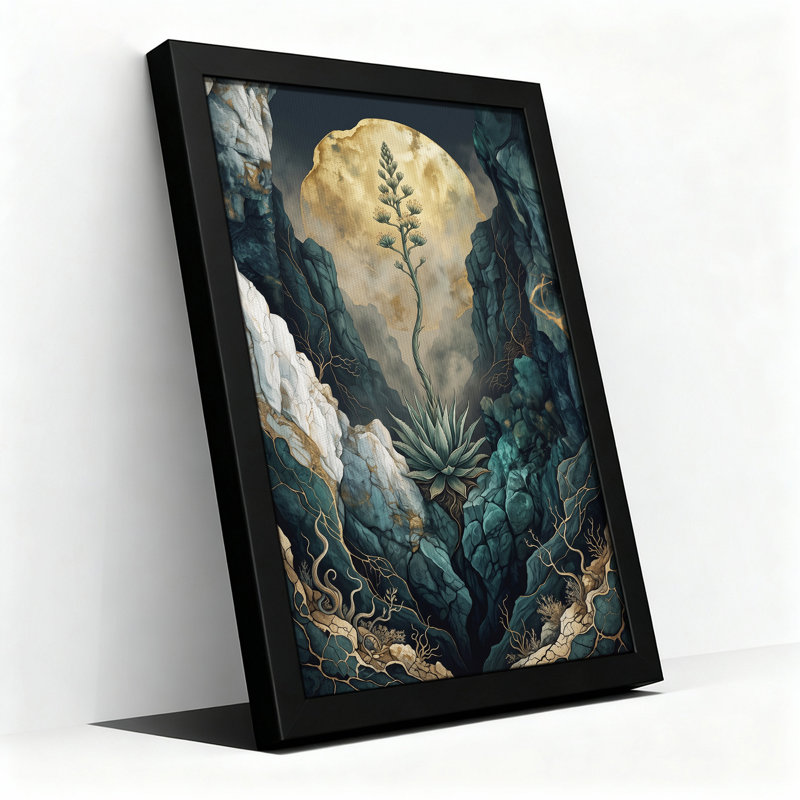 «Teal Canyon Agave Plant Against Golden Moon», art mural sur toile, H 36 po x l 24 po