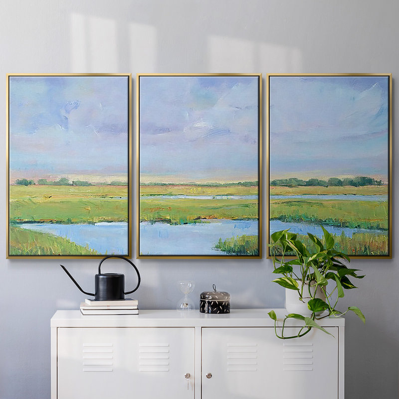 Summer Marsh I - Toile encadrée à pièces multiples, H 36 po x l 75 po x P 2 po, Or