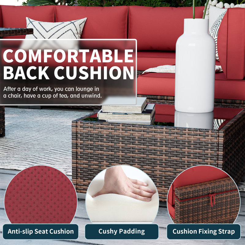 Benboe 6 - Person Patio Conversation Set with Cushions, Brown Frame/Burgundy Cushion