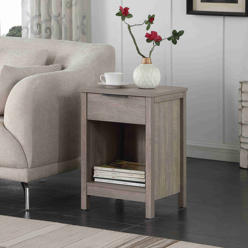 Grey Nightstand, Multipurpose Side End Table with Drawer and Open Storage Shelf, Sturdy Metal Handle & Solid Side Frame, Easy Assembly