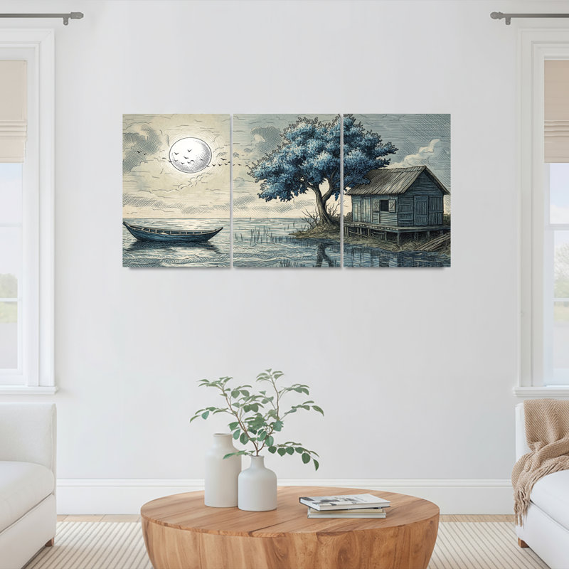 Clair de lune, scène de lac avec bateau et cabane sur toile tendue, reproduction d'art sur toile, ensemble de 3