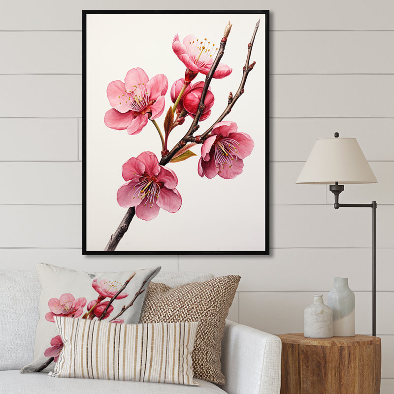 Rose printemps cerises - art mural cerise, Cadre flottant noir, H 20 po x l 12 po x P 1 po