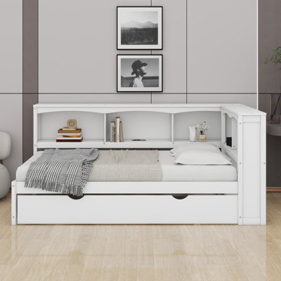 Lit de jour simple avec lit gigogne, armoires de rangement et ports USB