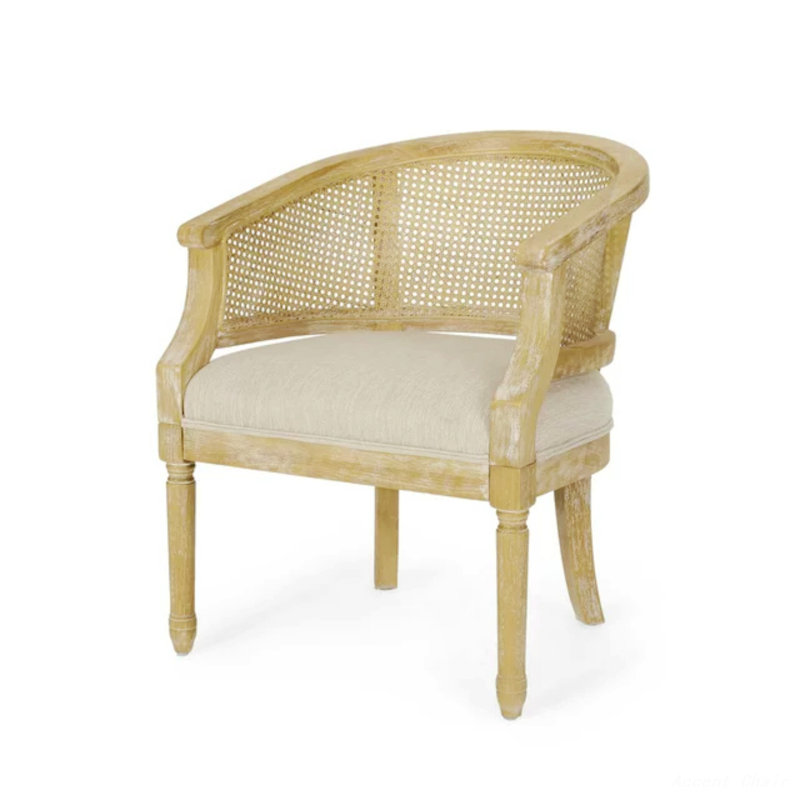 Wood And Cane Accent Chair, Beige Fabric