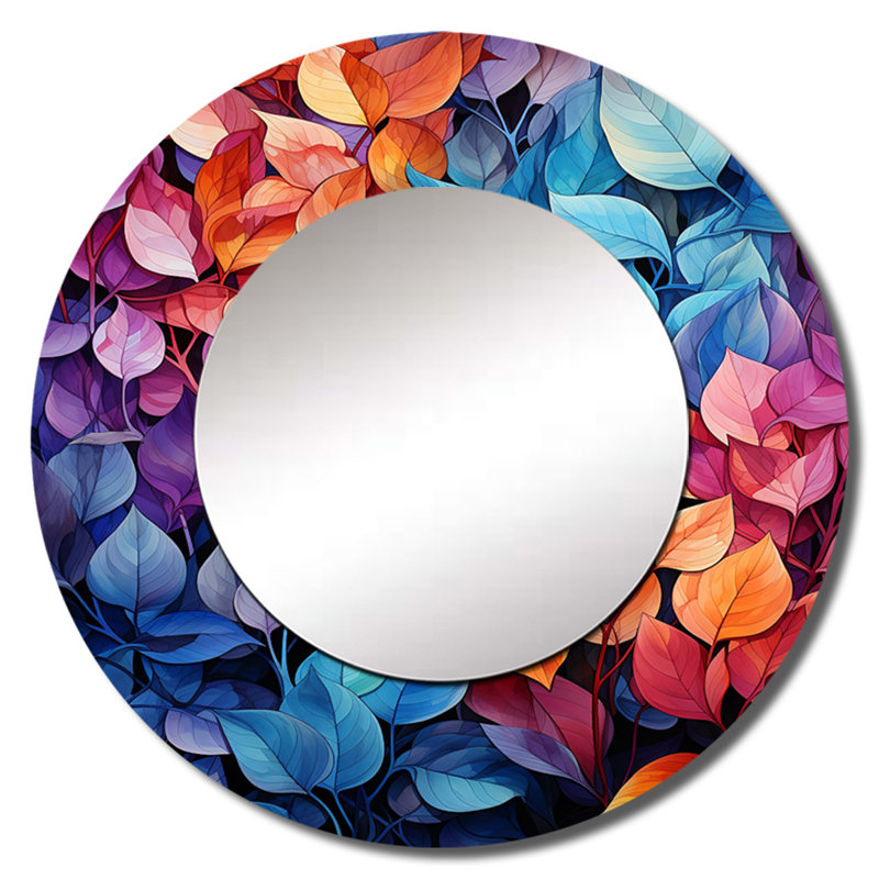 Coloré feuille de rêve - grand miroir de feuilles, décor de miroir mural rond traditionnel unique, impression d'art en métal