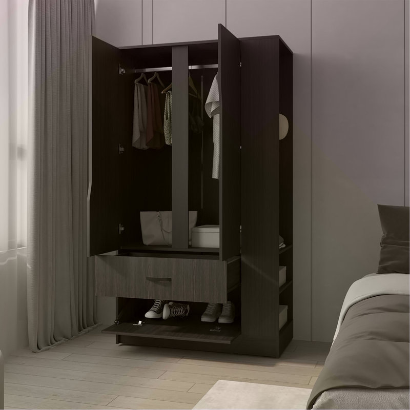 Armoire 3 portes Wenge avec 1 tiroir, tablette latérale et tringles de suspension