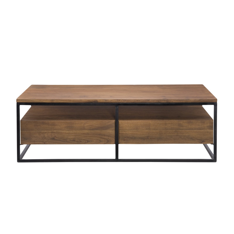 Light Brown Rectangular Solid Wood Coffee Table with Storage