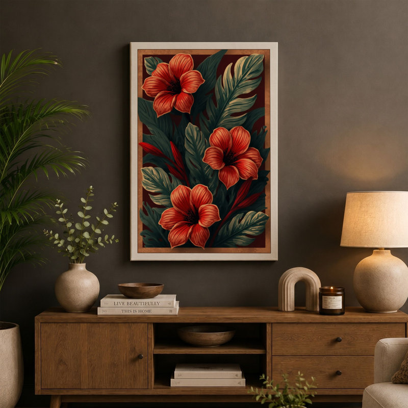 Hibiscus Study Botanical - Wrapped Canvas, 36x24 - 91.4 x 61.0 cm, Ochre Border