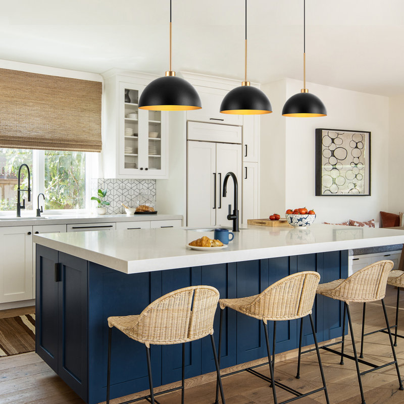  3-Light Black and Gold Dome Pendant Lights Kitchen Island, Kitchen Pendant Lighting Over Island, Adjustable Height Hanging Light Fixture for Farmhouse Dining Room Kitchen Cafe, E26 Base