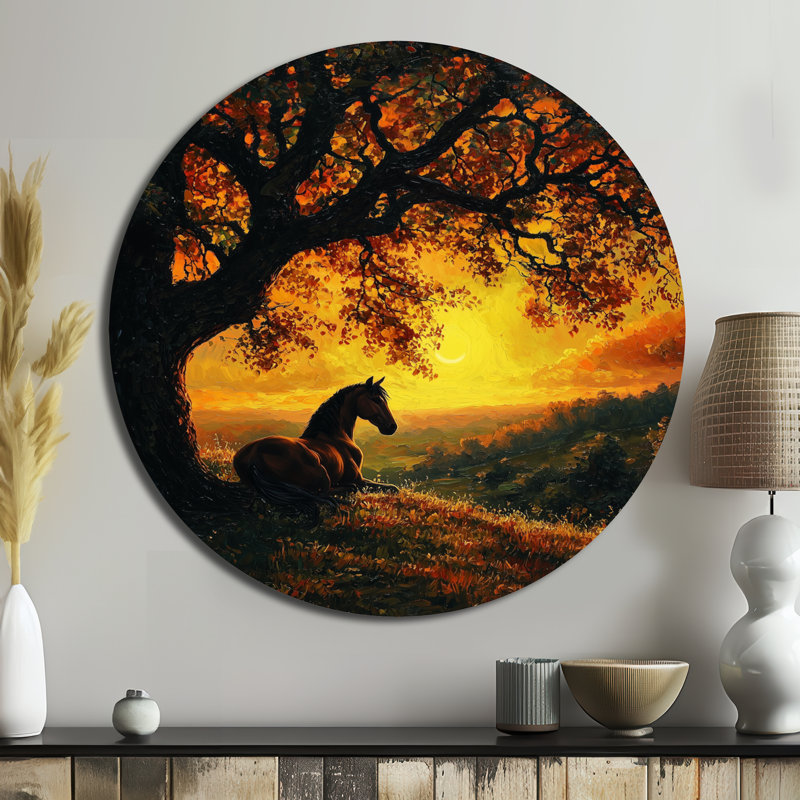 Cheval et chêne, reproduction d'art en métal jaune moderne, H 16 po x l 16 po