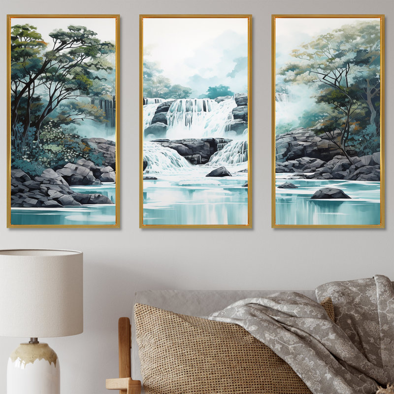 «Waterfall Cliff Scenery Magic II - Waterfall», ensemble d'art mural sur toile, Cadre flottant doré