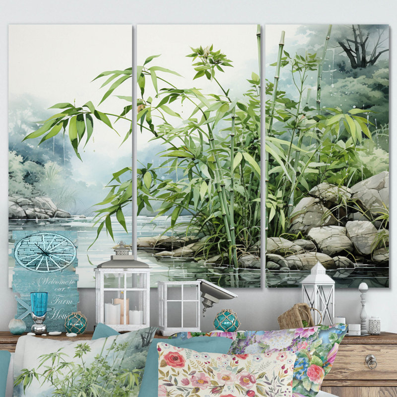 «China Art Bamboo Serenity» sur toile, reproduction de 3 pièces, H 32 po x l 48 po x P 1 po