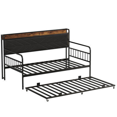 Lit de jour simple avec lit gigogne, structure de lit de jour en métal avec tête de lit rembourrée et station de charge, canapé-lit robuste avec lit gigogne simple pour le salon, la chambre à coucher et la chambre d'amis