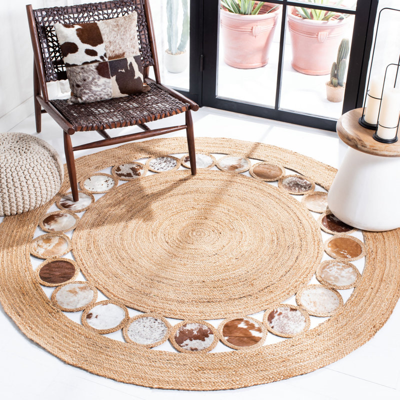 Conklin Natural Fiber Hand Woven Jute/Leather Geometric Rug in Beige/Brown, Round 6'