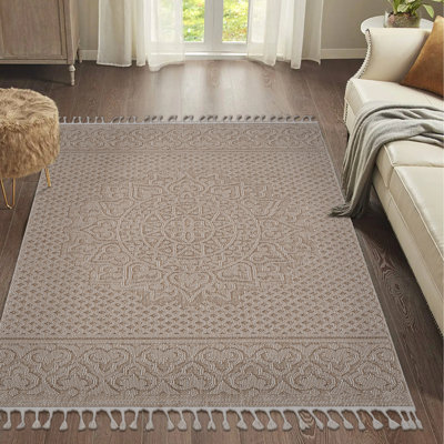 Tapis intérieur / extérieur beige 5X7 - style médaillon pour teinture vivante, sans perte de poils et sans danger pour les animaux de compagnie Facile à nettoyer