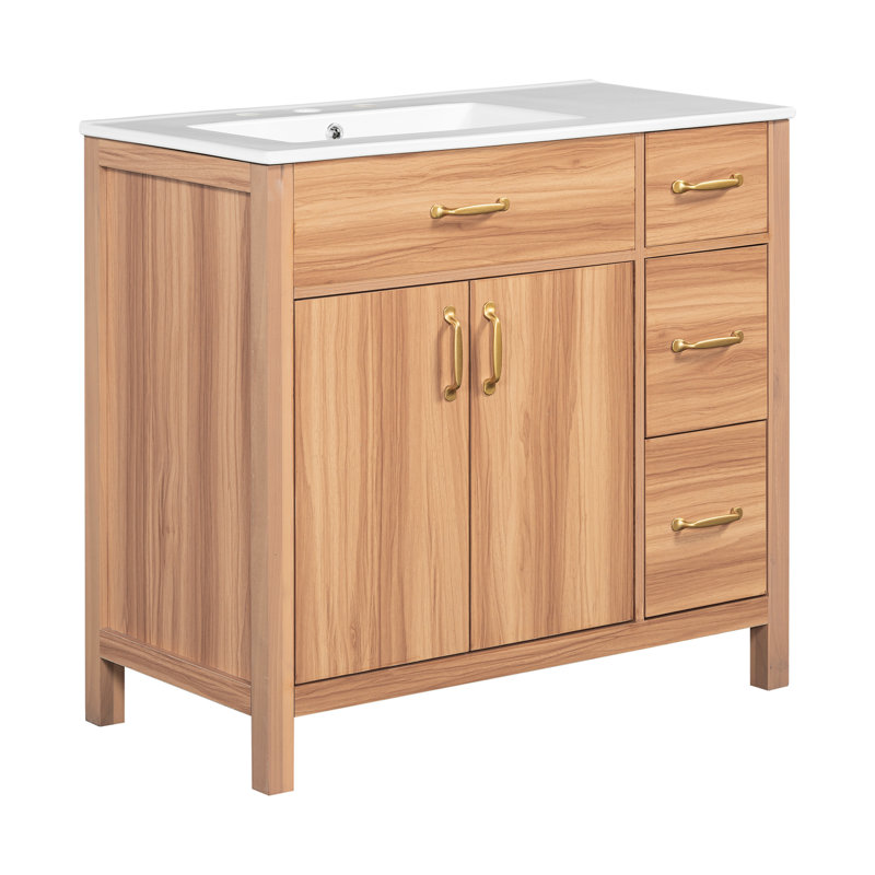 Meuble-lavabo en bois 36 po avec matériau robuste, 2 portes à fermeture douce, 3 tiroirs, lavabo en céramique, tablette ajustable pour petite armoire de salle de bain, construction, salles de bain