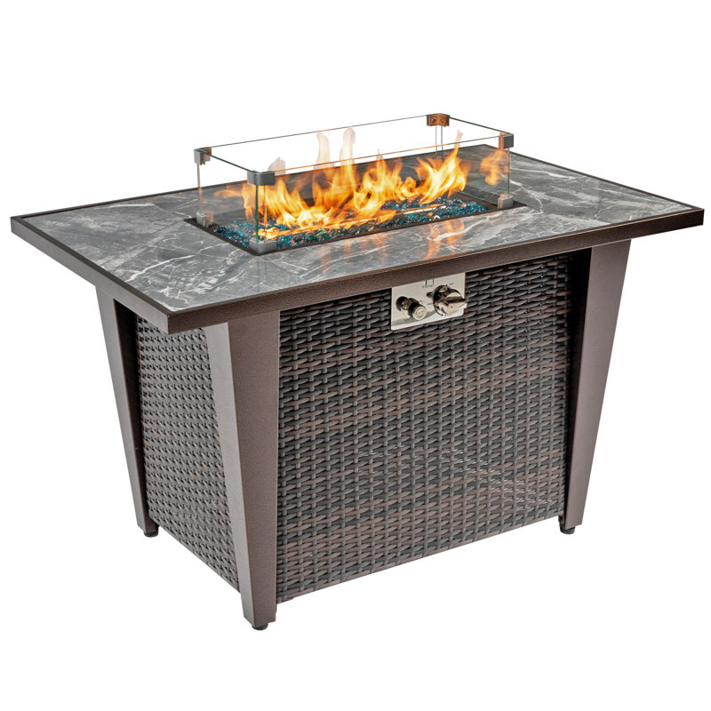 Beth 25" H x 42'' W Outdoor Propane Fire Pit Table with Glass wind guard, lid and Hideaway Gas Tank Seat, 50,000 BTU with Marble Tabletop, Wicker Base