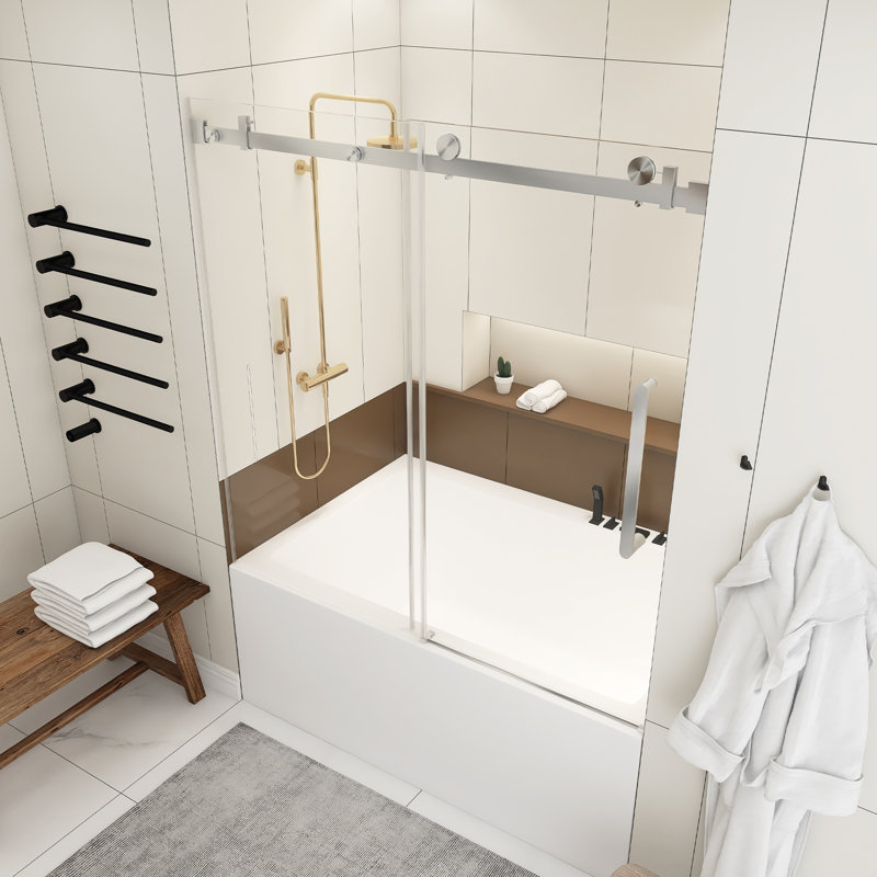 56-60.In W X 60.In H Frameless Single Sliding Shower Door,1/4 In Thick Clear Tempered Glass,Explosion Proof Film,Stainless Steel Handle Square Tube Track,Brushed Nickel