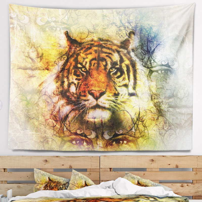 Tigre puissant avec la tapisserie de visage mystique Animal, H 50 po x l 60 po