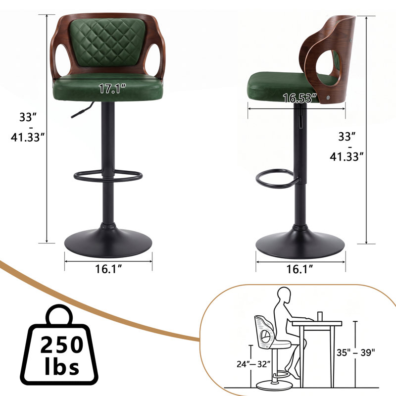 Ensemble de 4 tabourets de bar pivotants, rembourrés et réglables en hauteur, avec siège en cuir et structure en métal.