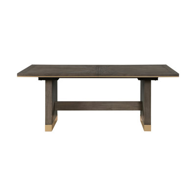Modern Rectangular Dining Table with Self-Storing Extension Leaf, Brown Oak Veneer Finish and Gold Tipped Legs, Seats 8