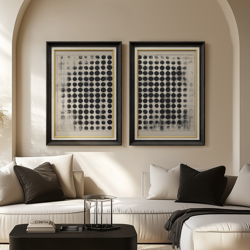 Modern Grid Pattern Subtle Distressed Geometric - Set of 2 Premium Framed Wall Art Print on Paper 26"x36", Black