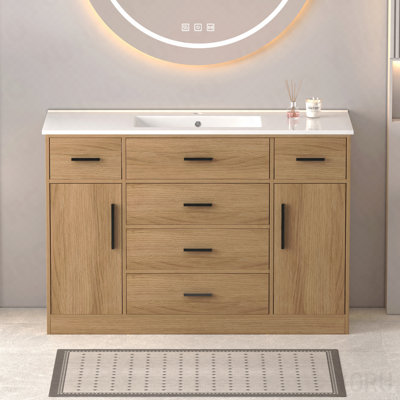 48"Light Oak Bathroom Vanity. Abundant Storage Cabinet -2 Soft Close Doors And 6 Drawers