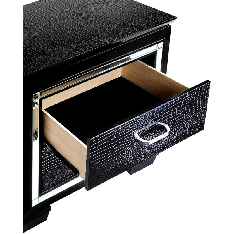 Mobilier de chambre à coucher contemporain: Table de chevet avec placage texturé crocodile, Noir