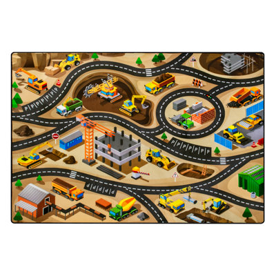 Kids Construction Site Play Rug 3x5 Ft, Cartoon Truck Road Carpet with 0.4" Thick Soft Cushion, Non-Slip Floor Mat for Playroom
