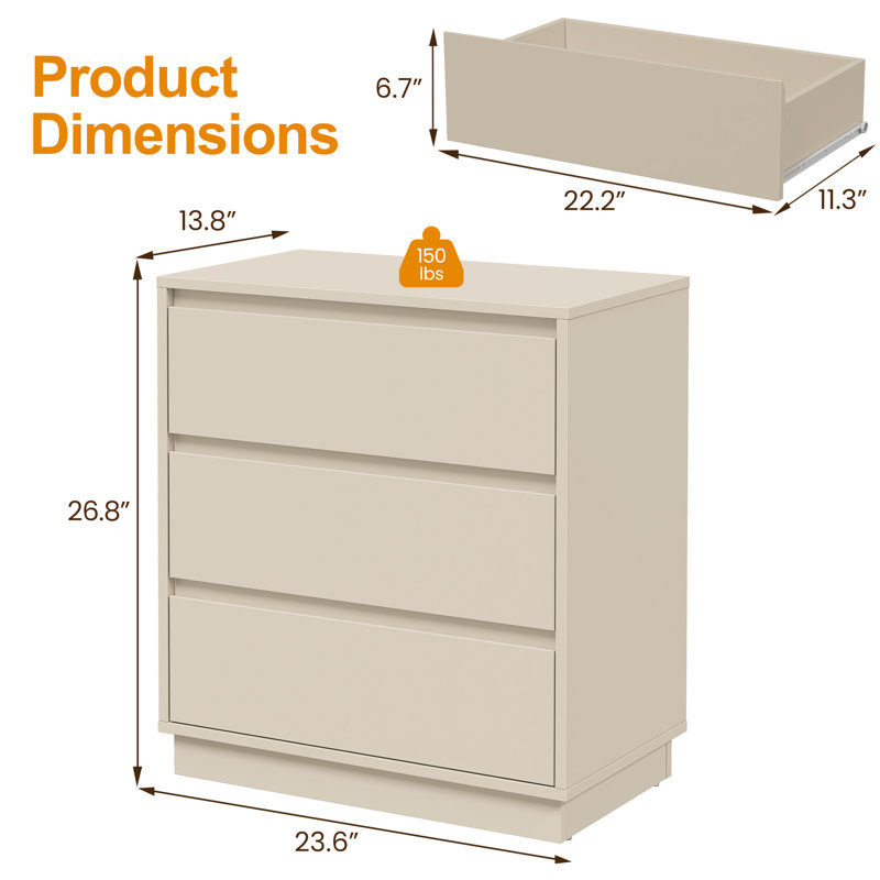Large Wood Nighstand With 3 Drawers,Set of 2, Beige