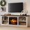 Meuble télé 70 po pour téléviseur 80 po, grande console pour salon, blanc + bois de grange