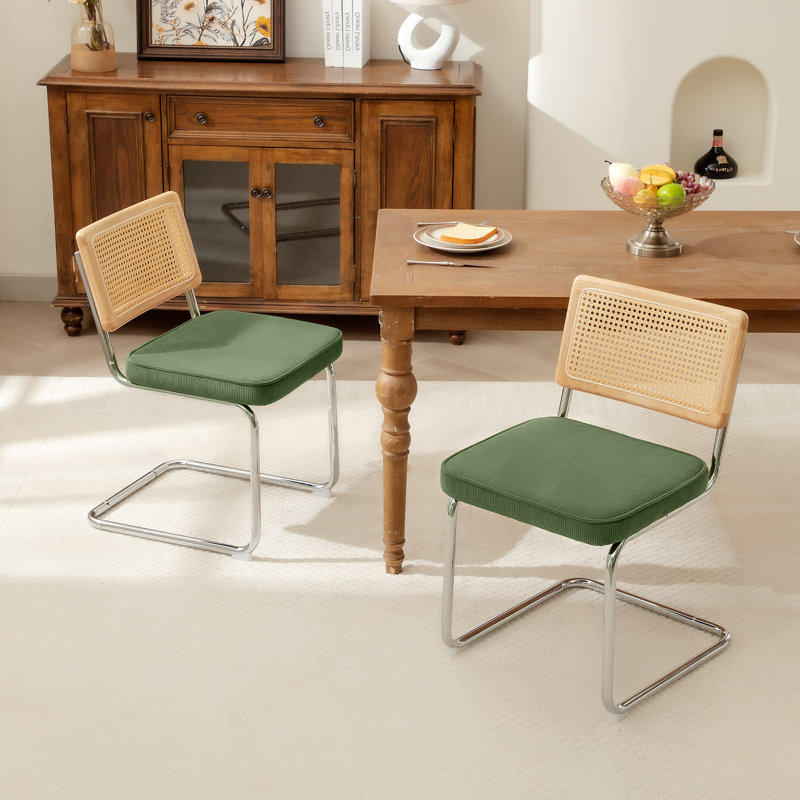 Chaise d'appoint avec dossier en rotin de canne, Tissu velours côtelé vert matcha, 2